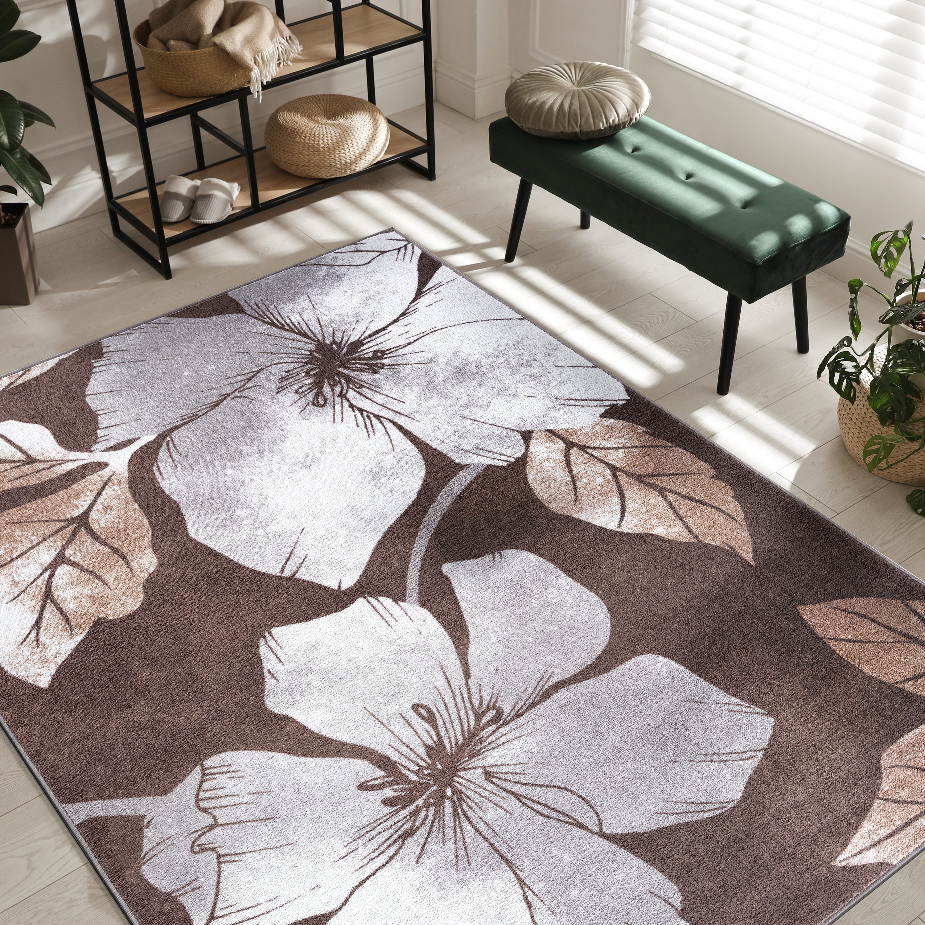 CAMILSON Solana Non Slip Modern Floral Indoor Area Rug Grey/Brown 6x9