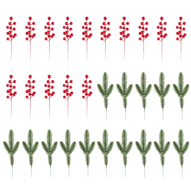 Ramas de pino navideñas con bayas rojas, tallos artificiales verdes para arreglos florales en árboles, decoración para el hogar, la oficina y centros de mesa navideños