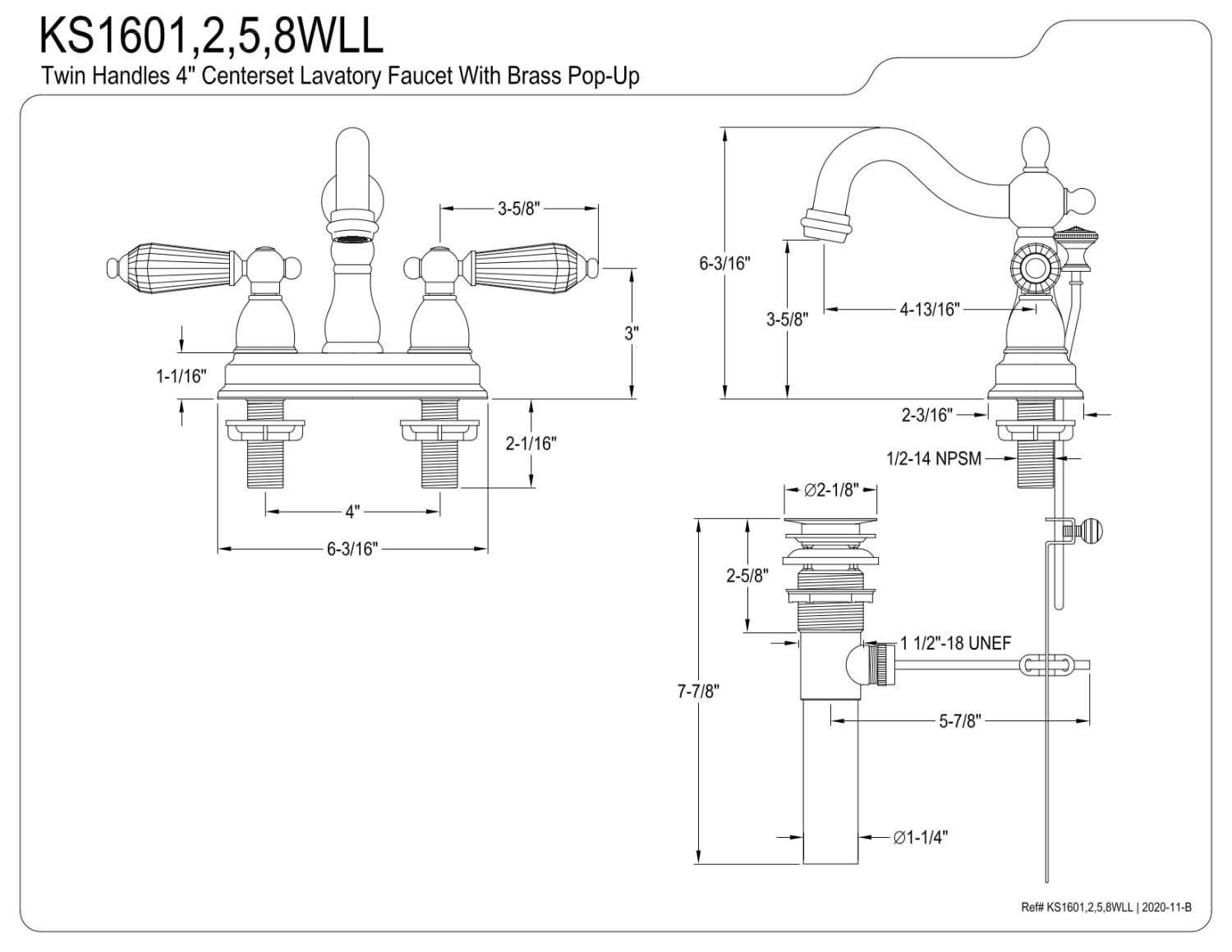 Kingston Brass KS1608WLL 4 in. Centerset Bathroom Faucet, Brushed Nickel