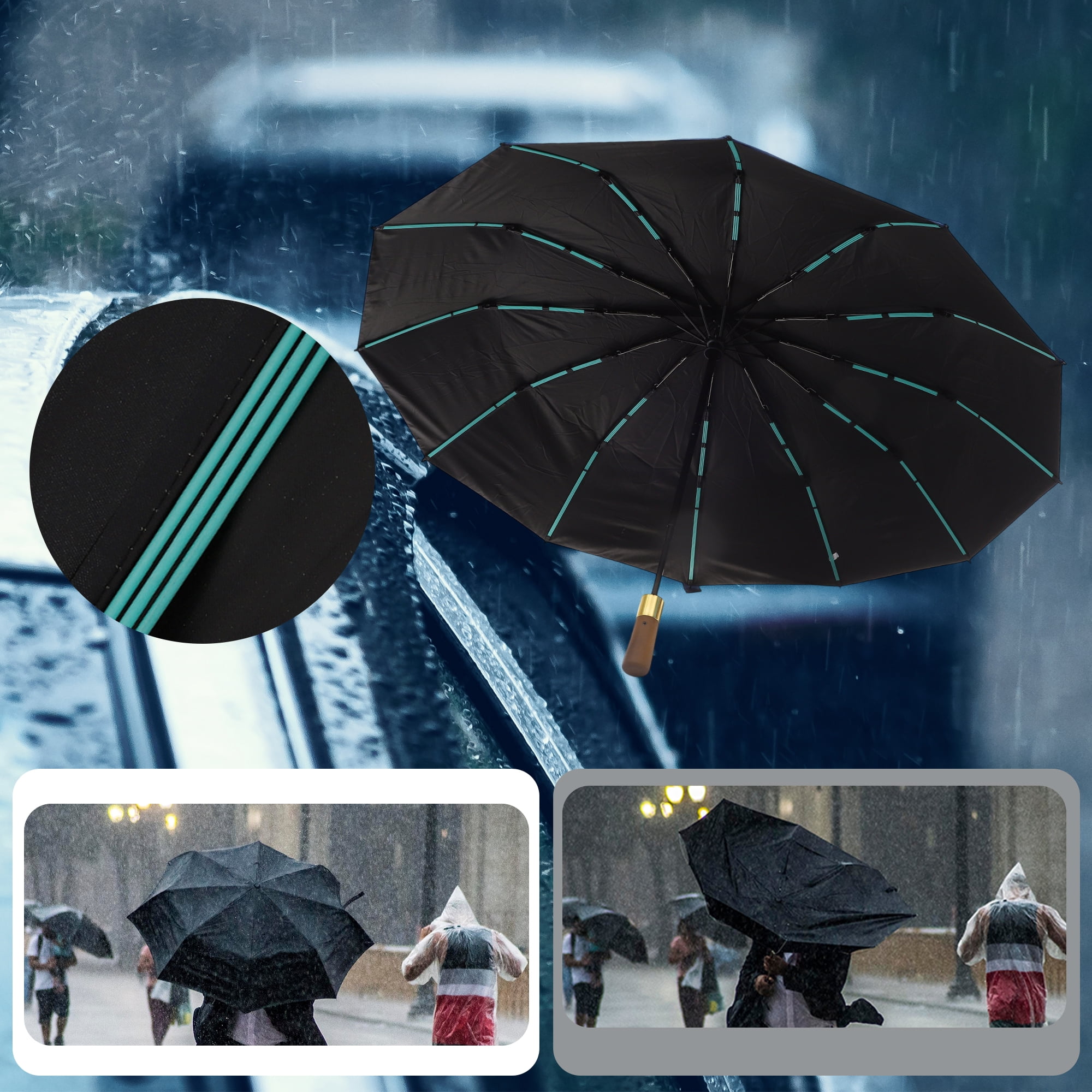 Unique Bargains Collapsible Portable Windproof Folding Umbrella Light Blue