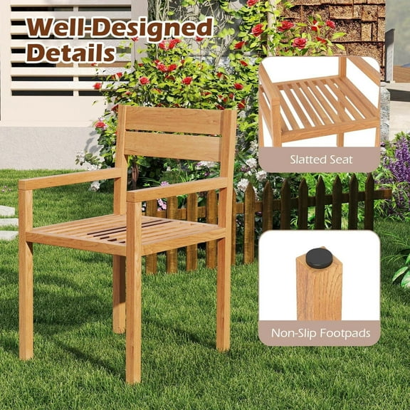 Auranook Outdoor Teak Wood Chair Patio Dining Armchair w/ Slatted Seat & Backrest