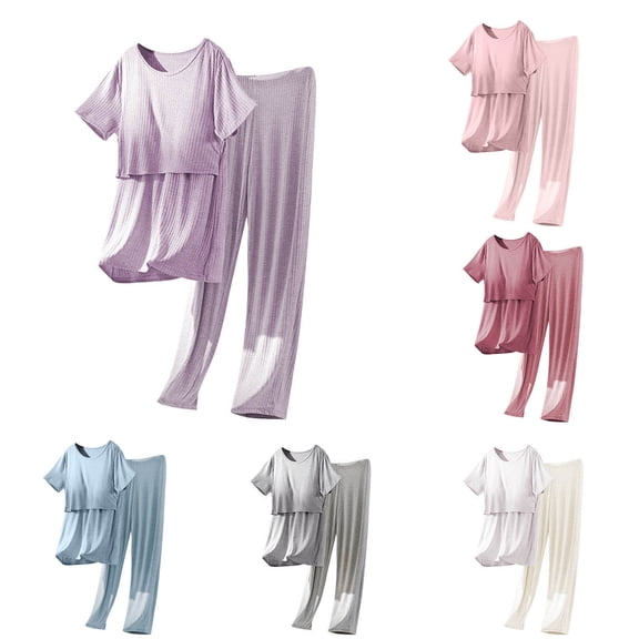 TAGOLD Womens Pajama Set Maternity Nursing Plus Size Round-Neck Short Sleeve With Long Pants Chest Pad Solid Color