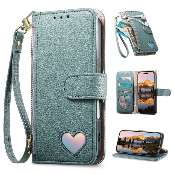for Samsung Galaxy S25 FE Wallet Case,Built-in Card Holder Zipper Pocket Wrist Strap Kickstand, Lychee Texture PU Leather Heart Pattern Protective Phone Case Women Girls,Full Body Protection,Blue