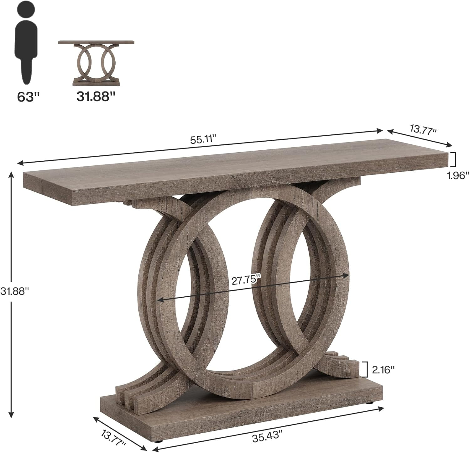 Finmind 55" Console Table with Geometric Wood Base, Modern Entryway Table, Brown