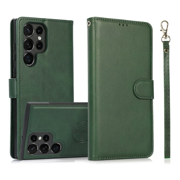 Detachable Wallet Case for Samsung Galaxy S22 Ultra, Removable PU Leather Wrist Hand Strap 2 in 1 Design Flip Folio Cover with Card Slots Holder Magnetic Car Mount Kickstand Protective Case,Green