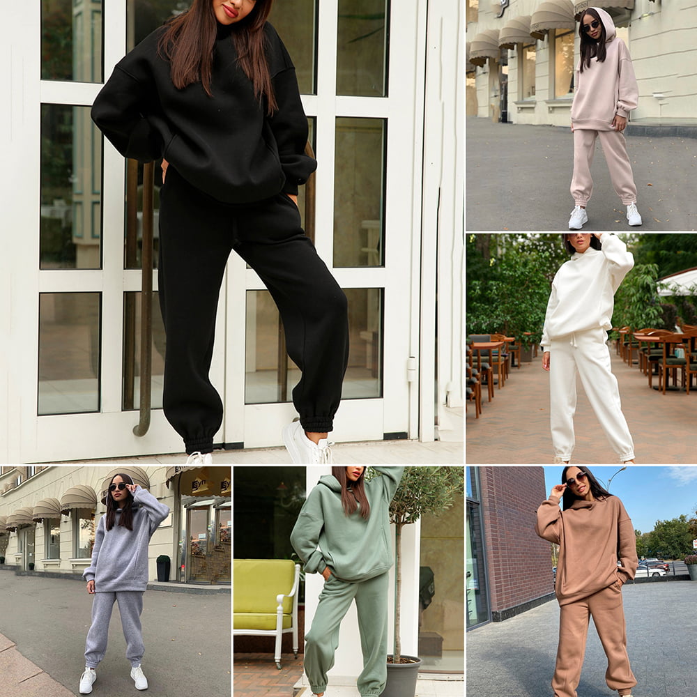 2-Piece Hoodies Set Solid Color Pullover Sweatshirt & Sweatpants Thick  Tracksuit Women's Clothing for Casual Sports Long Sleeves Loose Fit Baggy  Pants L Light Gray 