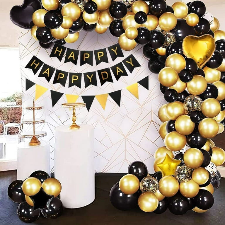 Sharonlily Premium Black and Gold Birthday Party Decorations, Happy Birthday Backdrop Supplies for Men Women with Banner, Balloon Garland Arch