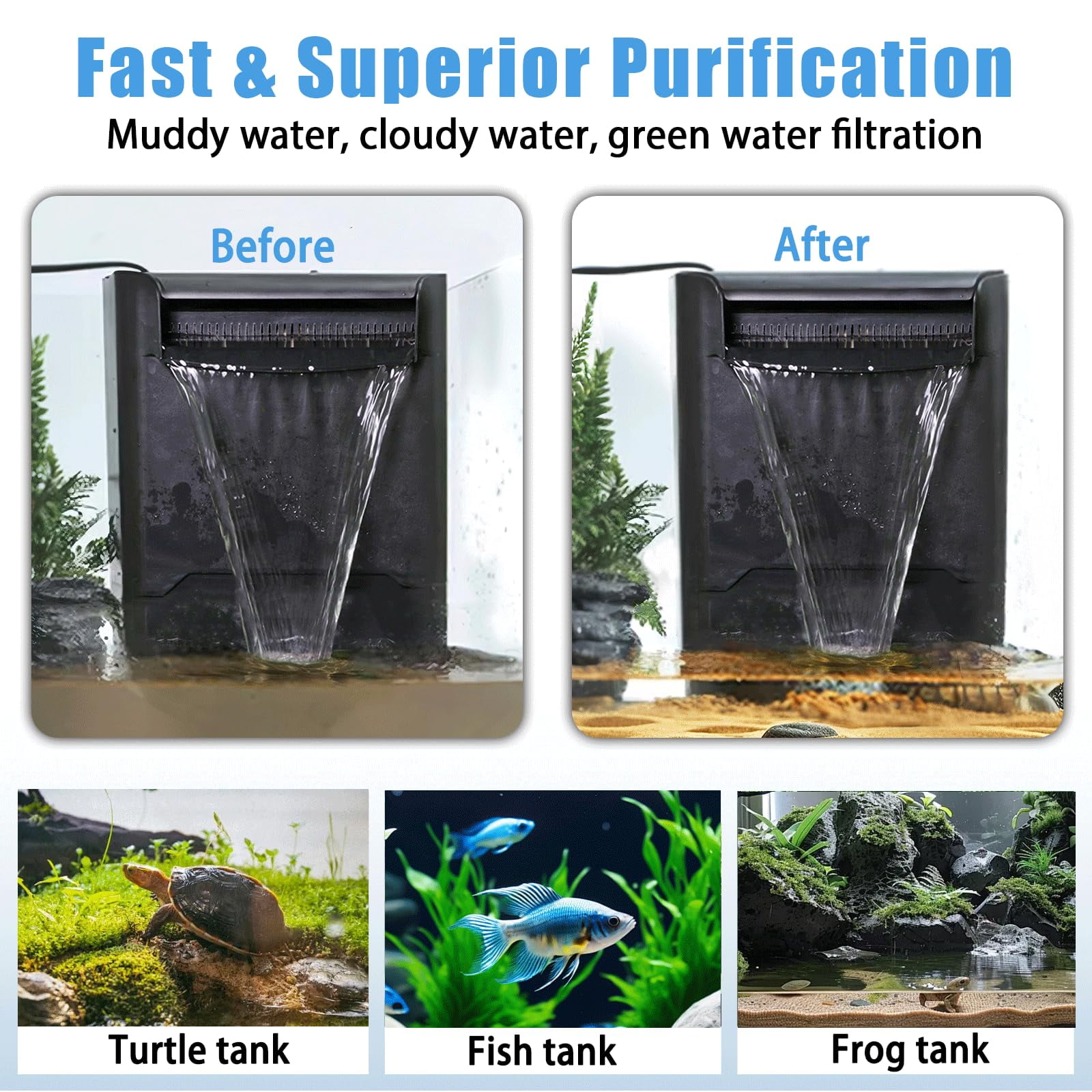 Large Powerful Turtle Tank Filter U V-ery for 55-155 Gallon Tank, Low Water Filter Turtle Water Filter for Amphibians Fresh Saltwater Cloudy Green Water Crystal Clear with Turtle Tank Deodorization