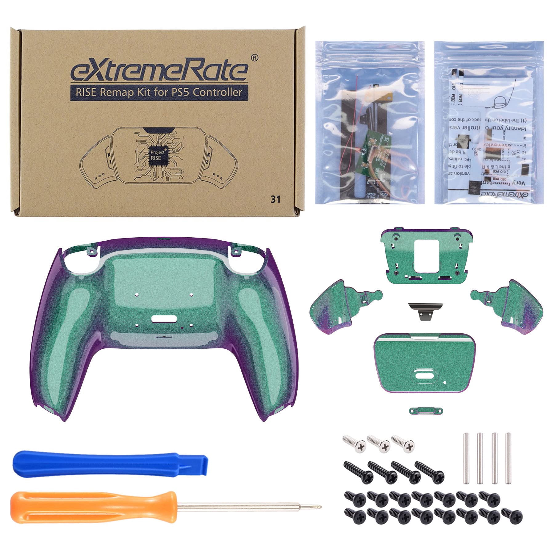 eXtremeRate Chameleon Green Purple Programable RISE 2.0 Remap Kit for PS5 Controller BDM-010/020, Upgrade Board & Redesigned Back Shell & Back Button Attachment for PS5 Controller - NOT A Controller