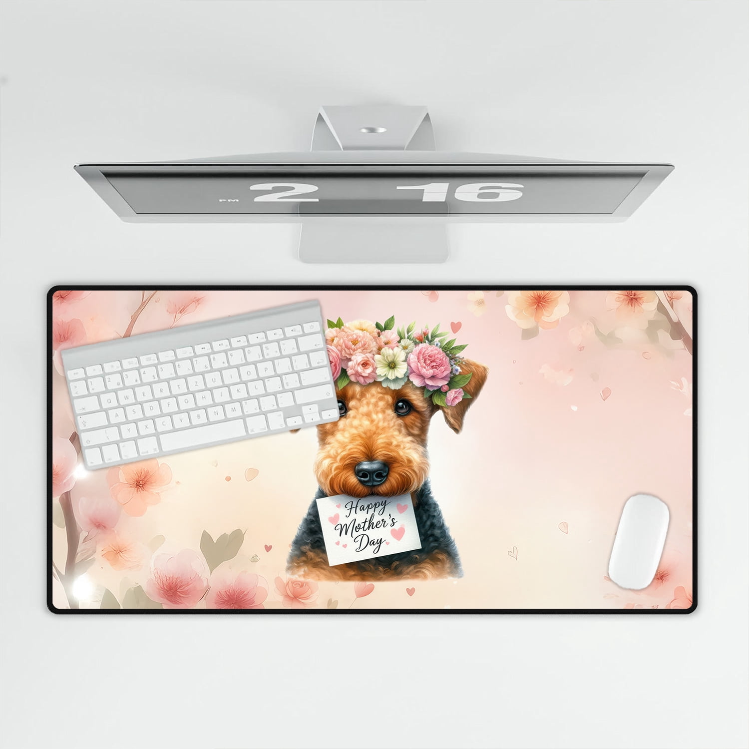 Happy Mother's Day Airedale Terrier with Flower Crown and Greeting Card Desk Mat Full Keyboard Mouse Pad Dale Waterside Dog Lover Large Mousepad - 13004
