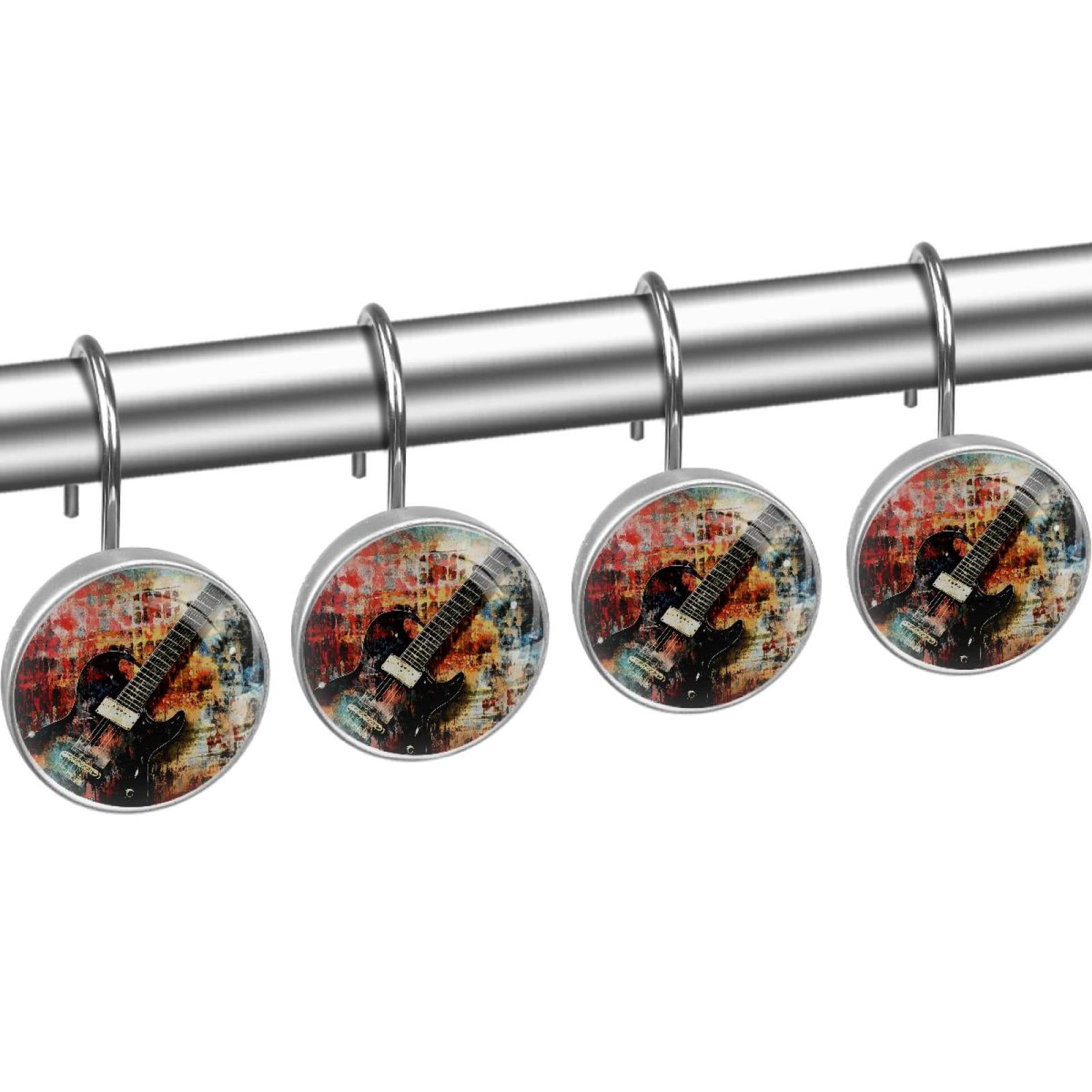 Guitar on Grunge Background Shower Curtain Hooks Round Crystal Glass, Set of 12 Shower Curtain Rings - Shower Hooks for Curtain Shower Rings