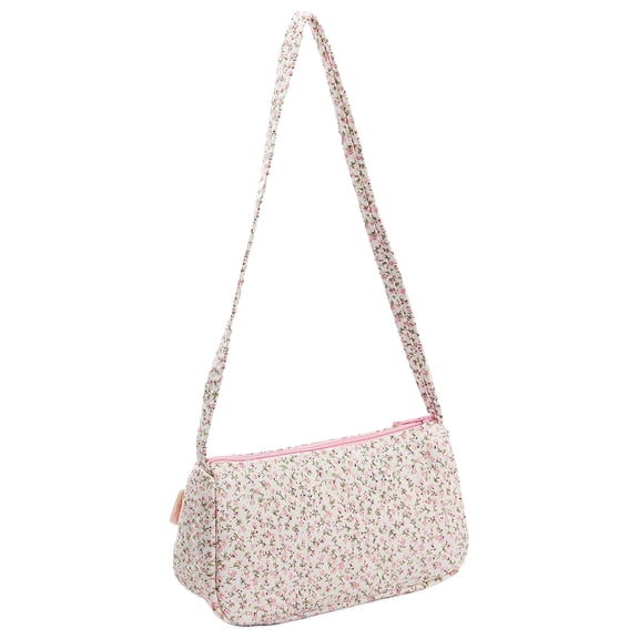 Cotton Quilted Floral Shoulder Bag Large Underarm Bag Fashion Crossbody Bag for Women Work Shopping Travel (Pink)