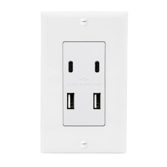 Maxxima USB Receptacle Outlet - 4.8A USB C/A High Speed 4 USB Wall Charger Ports, Vertical Multi-Plug Socket, Electrical AC Replacement, Outlet Wall Plate Included - White
