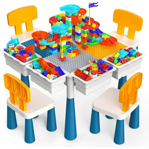 Toddlers Activity Table 7 in 1 Kids Activity Tables and 4 Chairs with 152Pcs Large Marble Run Building Blocks, Sand/Water Tables, Kids Learning Play Table Toys for Girls Boys Toddler Age 3-7