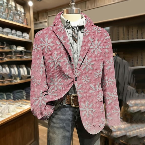 Betivan Men's Corduroy Christmas Snowflake Printed Party Coat, Pocket Button Ceremonial Dress Casual Jacket for Men