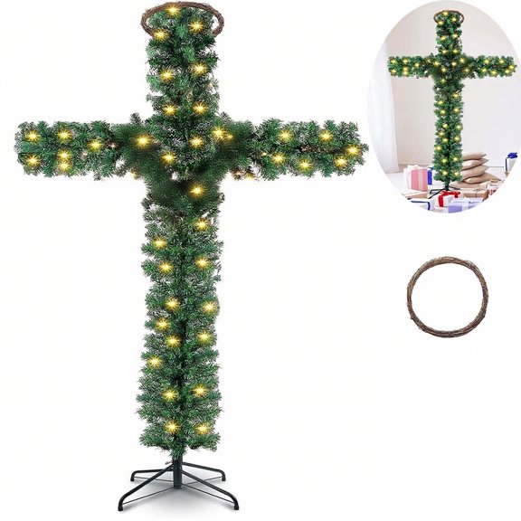 DAMAI Cross Christmas Tree,4.9 Ft Pre-Lit Artificial Pine Cross With LED Lights,Foldable Pre-Lit Artificial Pine Christmas Cross for Home Decor (4.9ft)