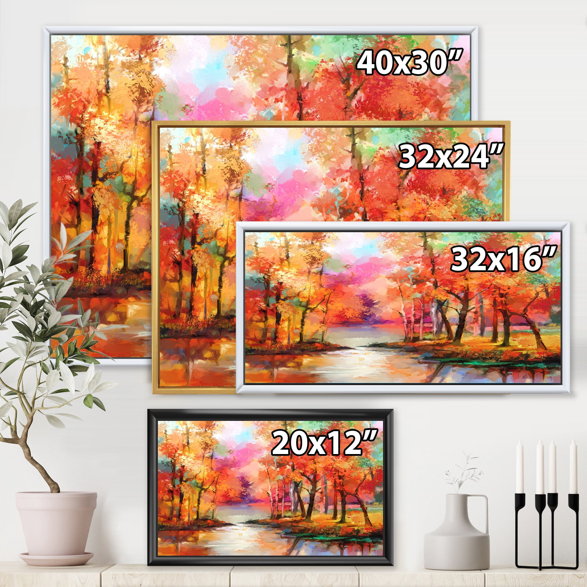 Designart 'The Lake In Autumn By Colorful Autumn Trees' Modern Framed Canvas Wall Art Print