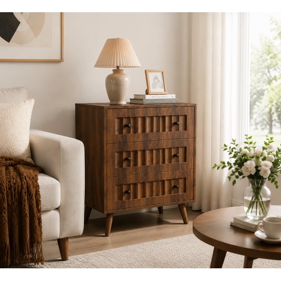 Purfeel Home 31'' Fluted Nightstand, Mid-Century Modern Walnut Chest of 3 Drawers with Solid Wood Legs, Compact Storage Cabinet for Bedroom, Living Room, Entryway