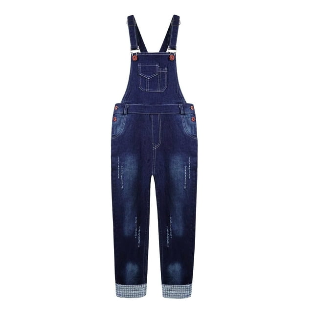 KIDSCOOL SPACE Salopette Garçon, Grande Poche Déchirée Ajustable Décontractée en Denim de Travail, Bleu, 11-12 Ans