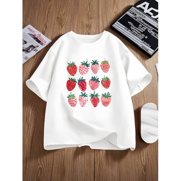' Short-Sleeve Strawberry Print T-Shirt - 100% Cotton, Soft & Comfortable Round Neck Casual Top for Summer Playtime, Everyday Tee | Fun Print Tee | Soft Knit Fabric, Strawberry Shirt