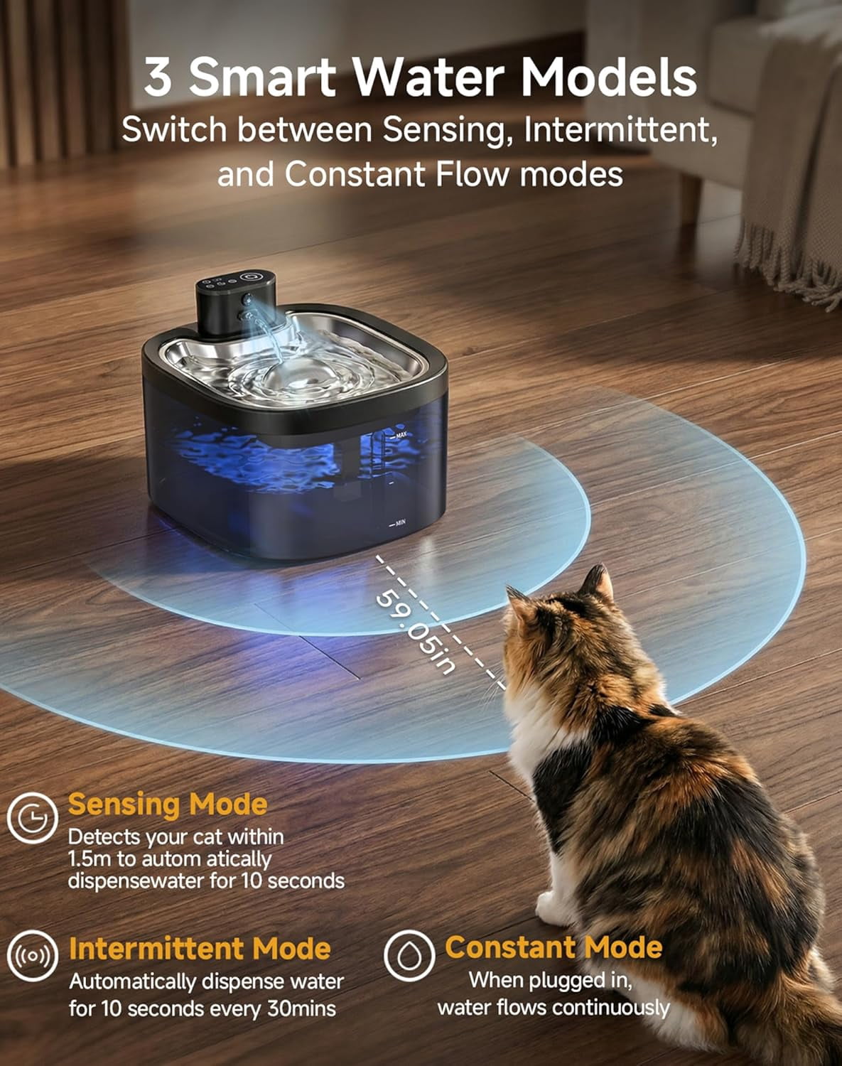 Cordless Battery Operated 118oz/3.5L Pet Water Fountain with Motion Sensor, Stainless Steel Tray, Ultra Quiet and Easy-to-Clean for Cats Indoors