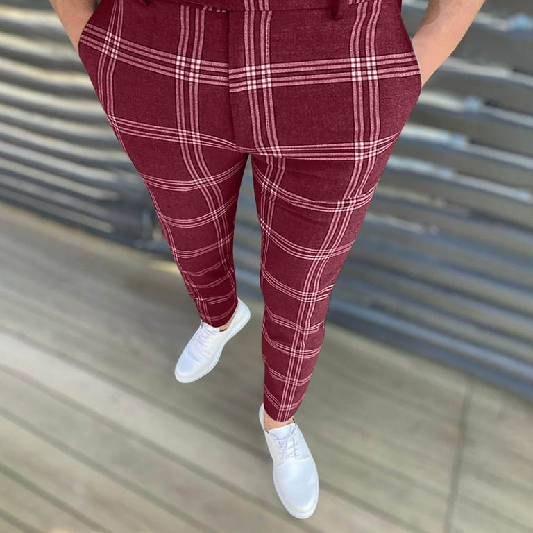 Wyobmus Mens Plaid Dress Pants Stretch Straight Leg Trousers