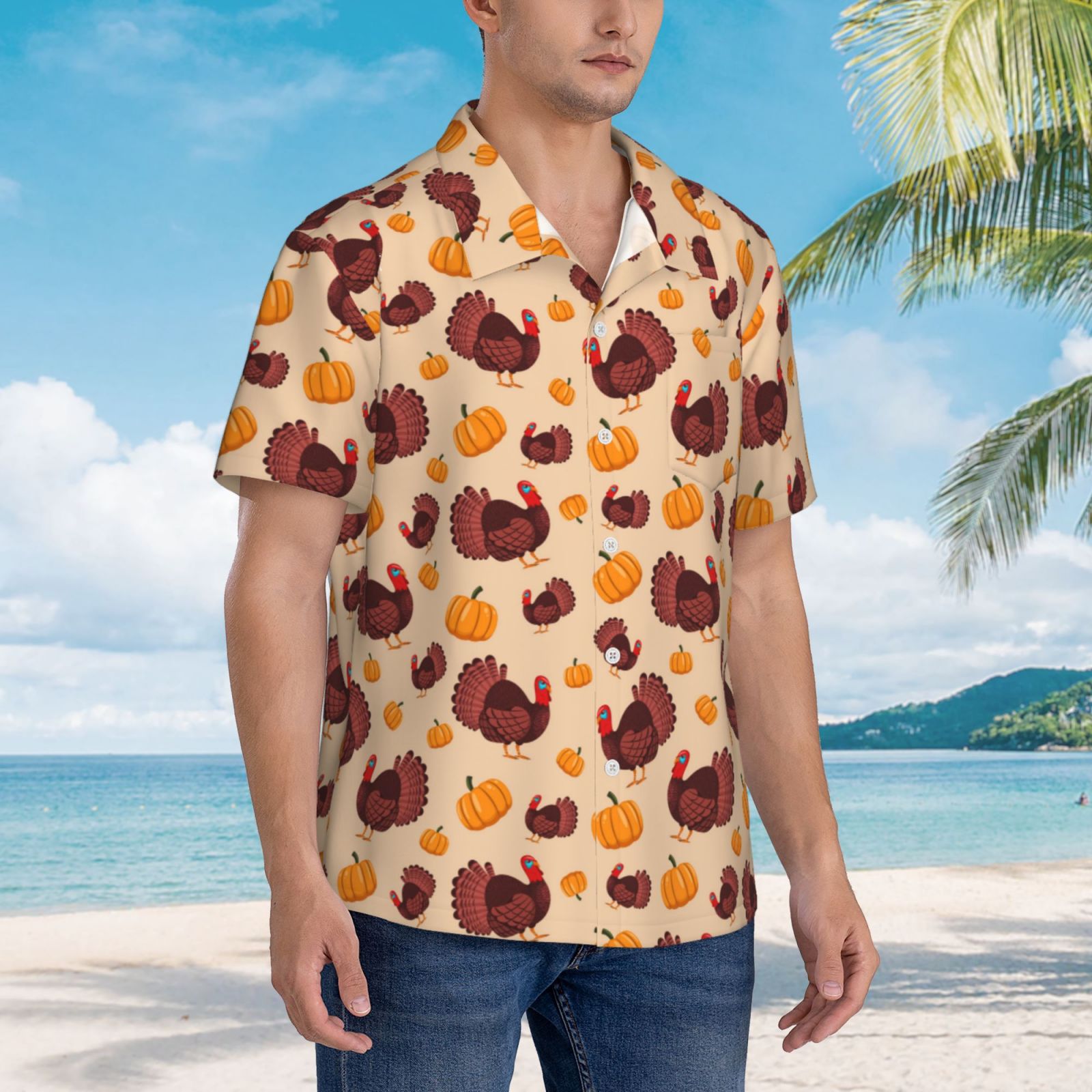 Logiee Thanksgiving Turkey and Pumpkin Print Mens Hawaiian Shirts,Loose-Fit Short Sleeve Button Down Tropical Aloha Beach Shirt,Summer Vacation Wedding Tops,X-Large