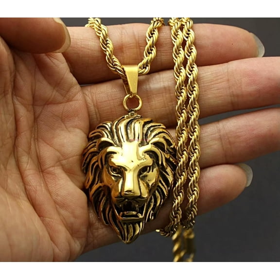 QQTDFG Men's Gold Jewelry Chain Stainless Steel Necklace Cool Lion Power Pendant Chain-default