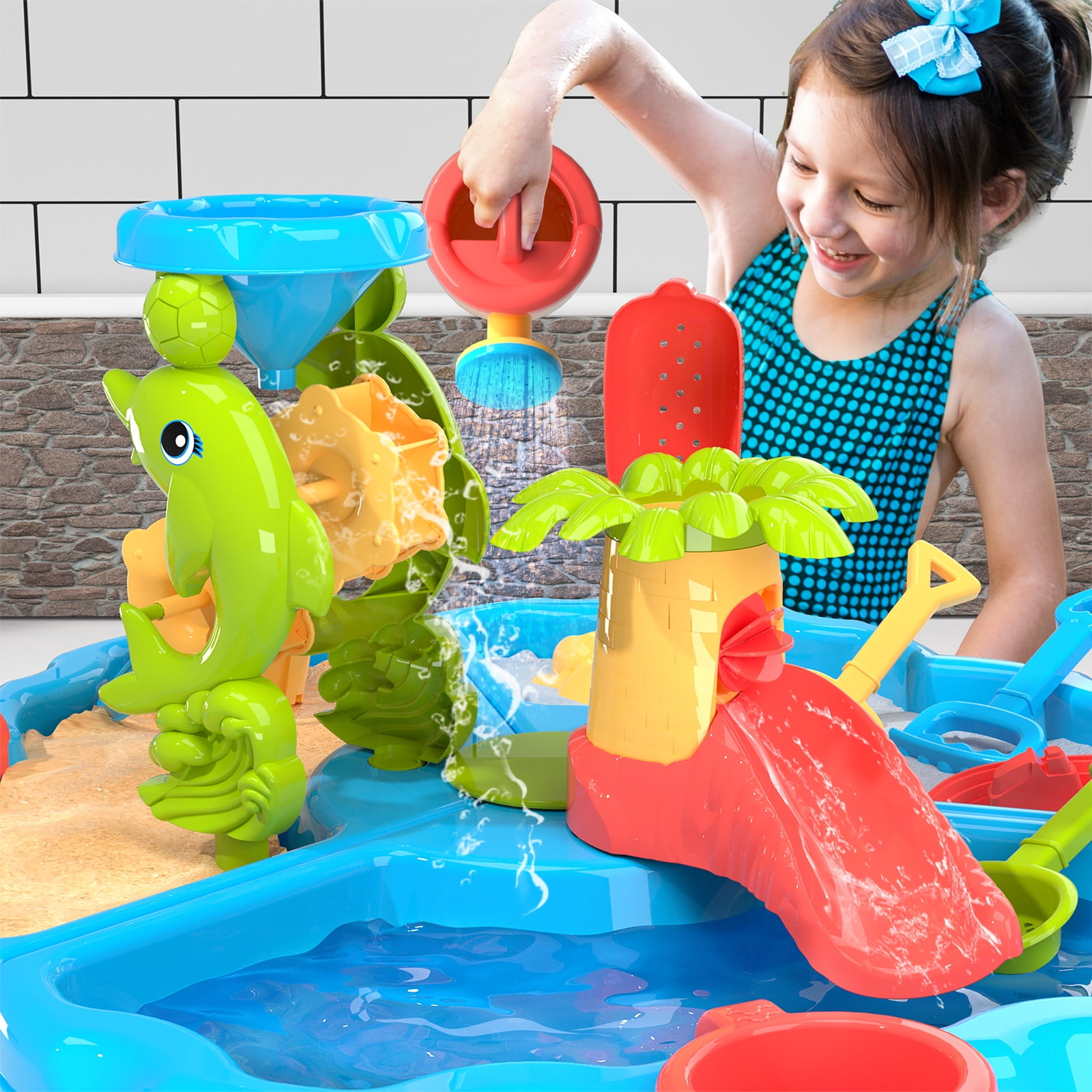 3-in-1 Sand Water Table, 28PCS Kids Beach Summer Toys Sensory Play Table with Dolphin Water Wheel, Molds, Bucket, Shovel for Toddlers Boys Girls