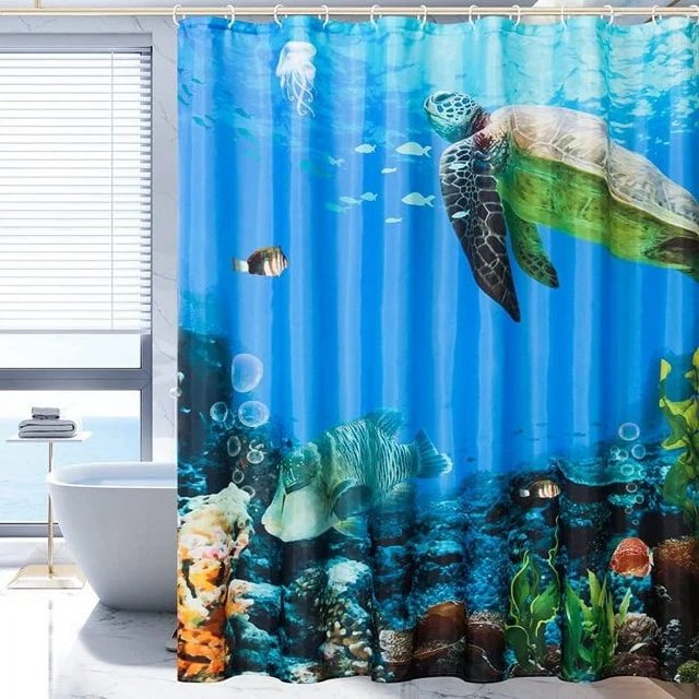 Subrtex Cortina de Ducha Moderna para Baño, Cortinas de Ducha de Secado Rápido, Duraderas y Lavables con 12 Ganchos(72'' x 72'', Peces Tortuga)
