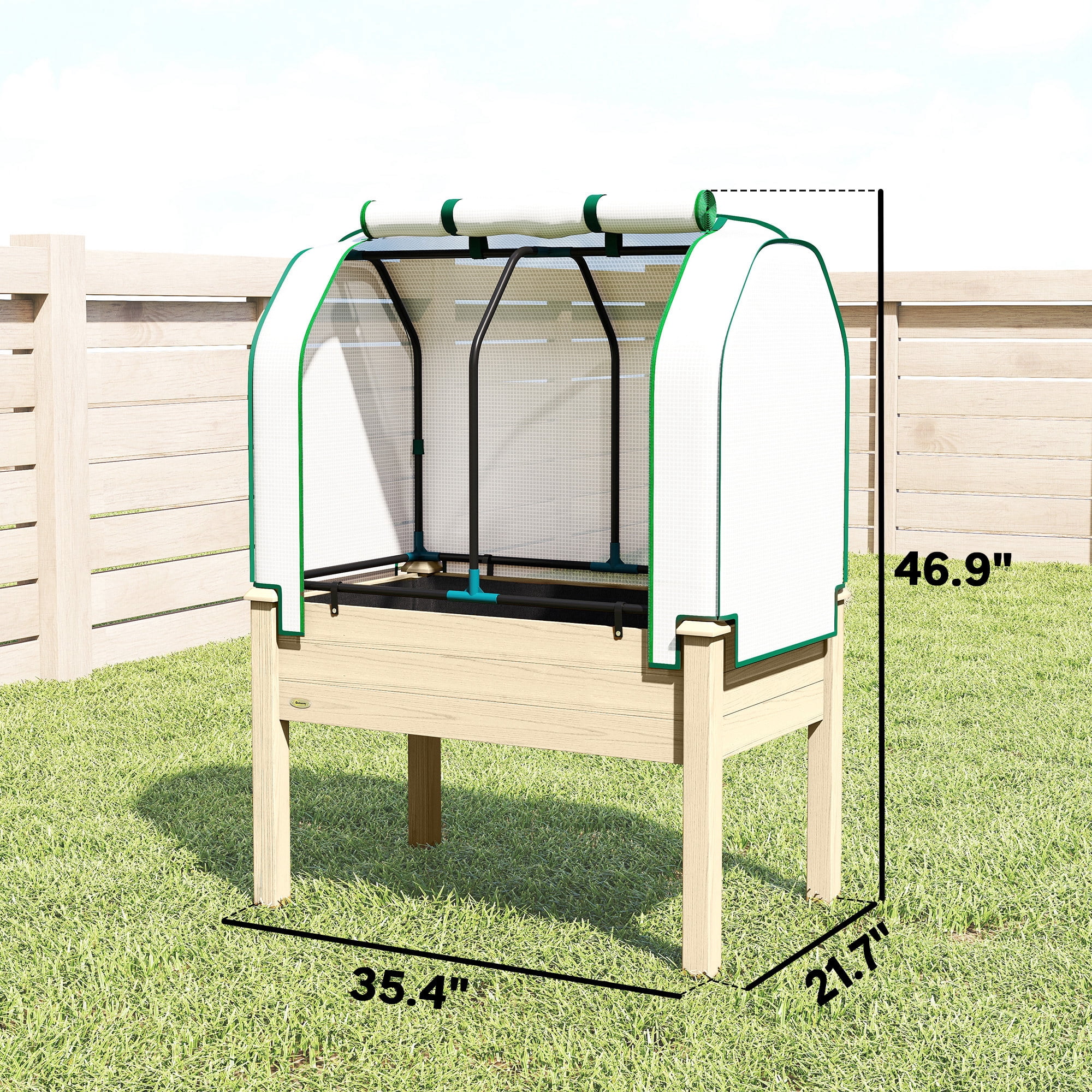 Outsunny Raised Garden Bed with PE Greenhouse Cover Outdoor Elevated Wood Planter Box for Herbs, Vegetables, for Patio, Backyard, Balcony, Natural