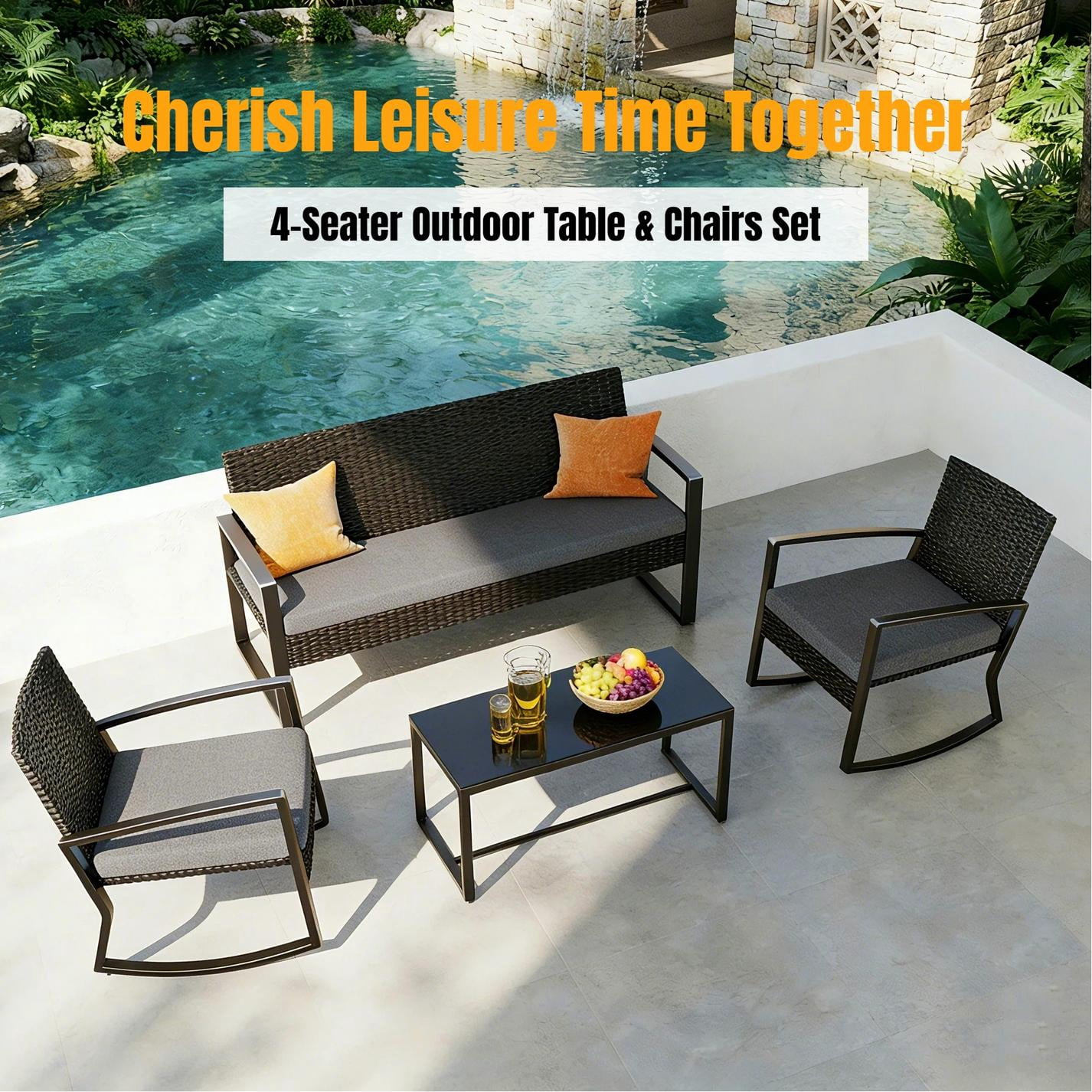 Patio Furniture Set, Lofka 4 Pieces Outdoor Conversation Set with Rattan Wicker Rocking Chairs, Removable Cushions & Glass Table, Gray