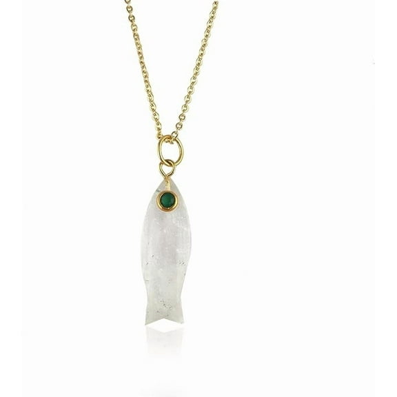 Zeva Jewels Women’s Crystal Quartz Fish Pendant Necklace, Emerald CZ Eye, 18K Gold Plated Brass, Handmade Jewelry