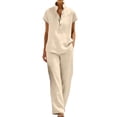 thumbnail image 2 of Cagogo Women Plus Size 2 Piece Short Sleeve Set Loose Open Front Shirt Wide Leg Pants Casual Summer Boho Vacation Outfits Cruise Airport Travel Clothes Solid Lounge Matching Sets, Khaki L, 2 of 7