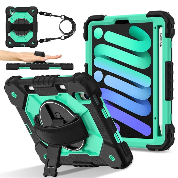 For iPad Mini 7th 6th Generation Case with Pencil Holder, Heavy Duty Shockproof Ruggd Rotating Kickstand Hand Strap Cover Case with Shoulder Strap Kids Friendly Case for Apple iPad Mini 6 7,Black Mint