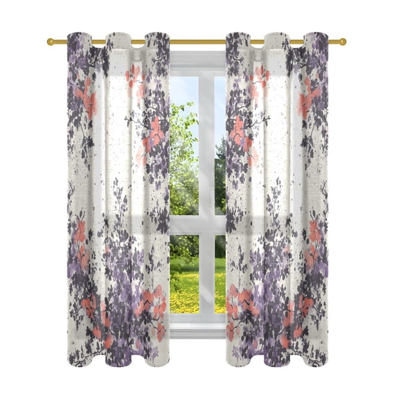 Purple Flowers on Beige Background Semi Sheer Curtains for Living Room Bedroom Set of 2 Insulated Window Drapes