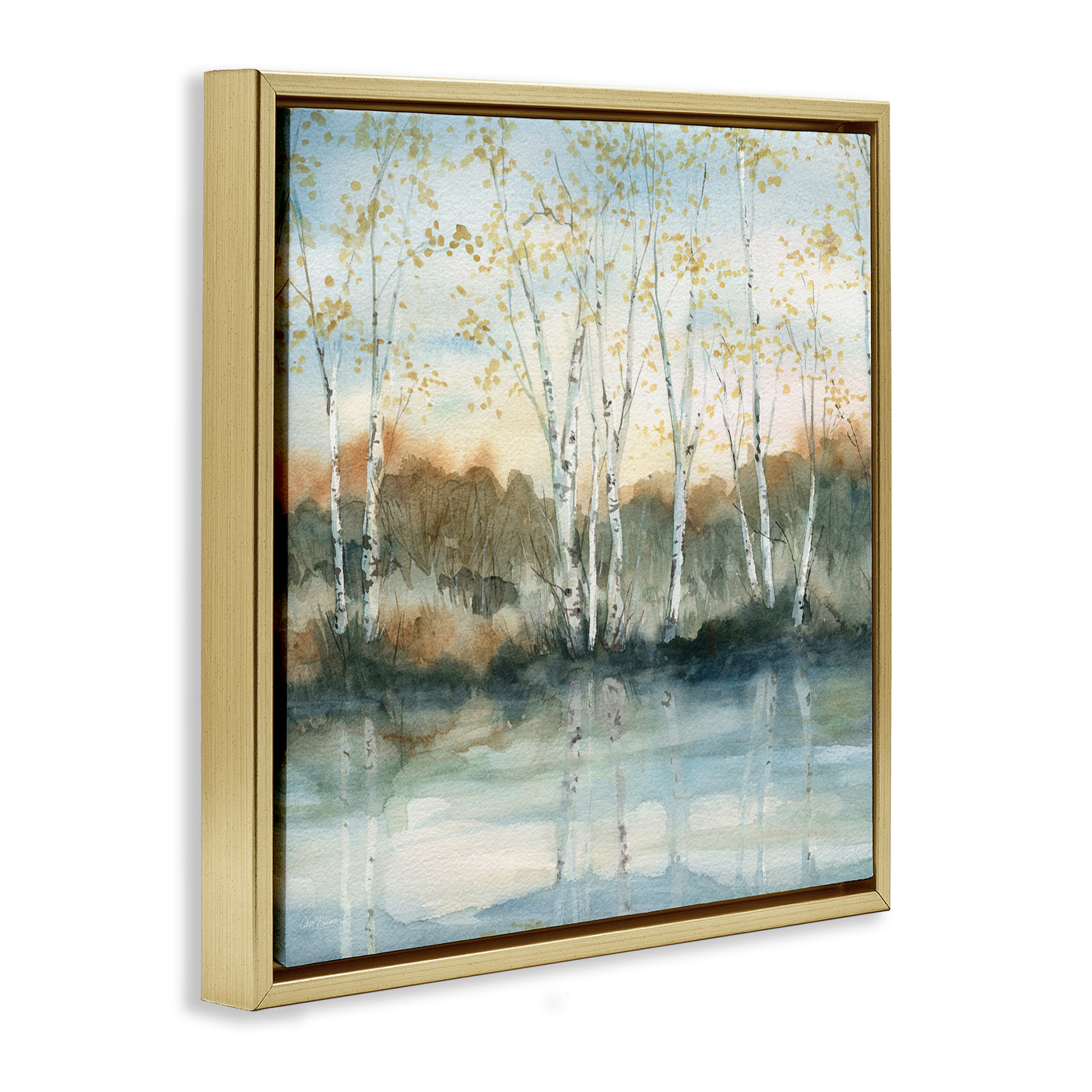 Stupell Industries Quaint Birch Tree Reflections Landscape Painting Gold Floater Framed Canvas Art Print Wall Art, 18 x 18