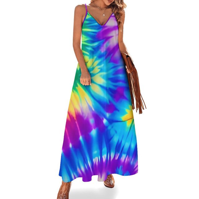 Vestido hippie teñido anudado, retro psicodélico, kawaii, maxivestido con tirantes, elegante, bohemio, para playa, largo, de verano, con cuello en V, de gran tamaño
