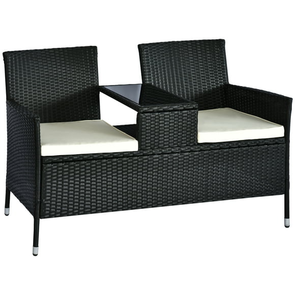 Outsunny 2 Seat Rattan Wicker Chair Garden Bench with Tea Table Backyard All Weather Padded Seat, Black