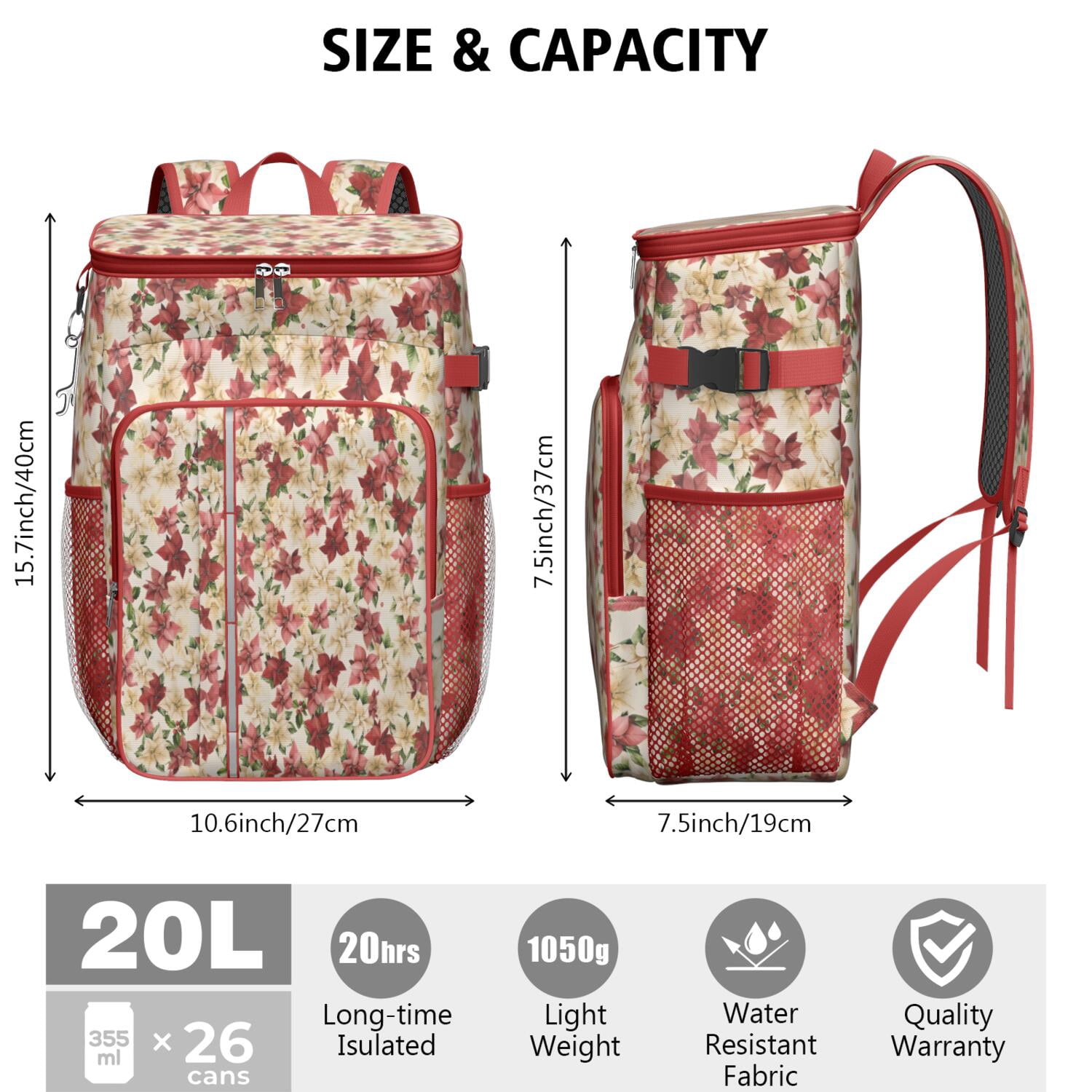 Travel Cooler Bag - Multicolor Christmas Floral Pattern Camping Beer Cooler Backpack with Bottle Opener- Waterproof Insulated Picnic Backpacks - Cooler Bag for Beach