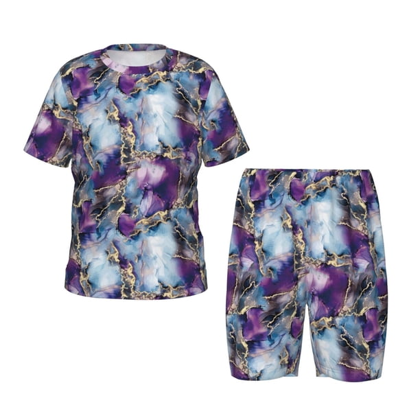 Balery Purple Marble Texture Conjunto de Pijama Infantil de Manga Corta con Estampado – Ropa de Dormir de Algodón Suave-XX-Large