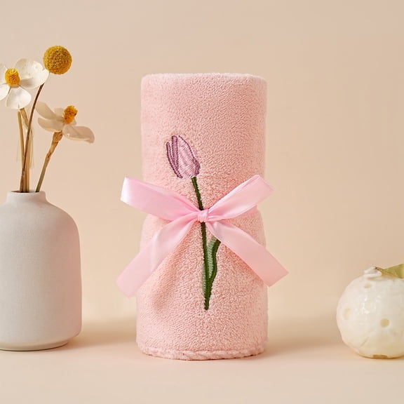 FEOLGEHLY Decorative Floral Hand Towels for Bathroom 13x 9 inch Tulip Lavender Hand Towels Coral Velvet Absorbent Bath Decor for Spring Yoga Spa Gift, Pink