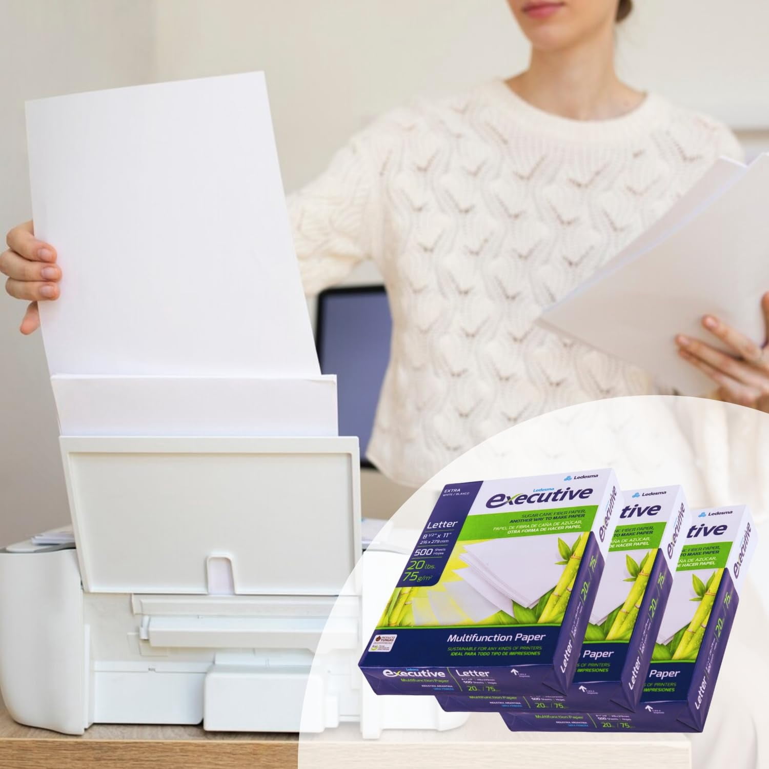 Executive Multipurpose Copy Printer Paper - Size 8.5” x 11”, 20lb - Sugarcane Fiber, 92 Bright White Paper, Ideal for All Office & Photocopy Printers & Designs (3 Reams - 1500 Sheets)