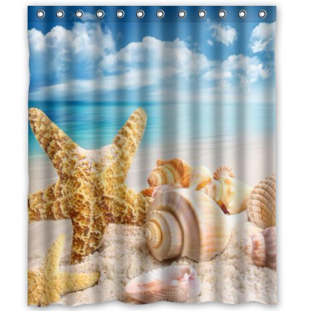 HelloDecor Blue Sea and Seashell Shower Curtain Polyester Fabric