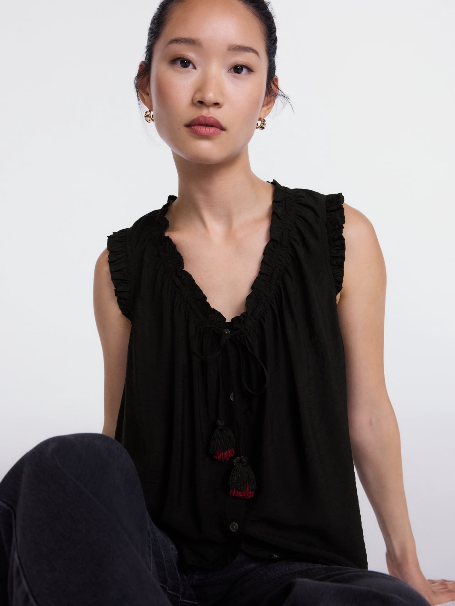 Scenario Women's and Women's Plus Ruffle Neck Tank Top with Tie Front, Sizes XS-4X