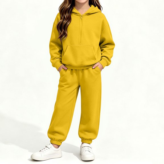 Amidoa Girls 2 Piece Outfits Fall Winter Clothes Fleece Solid Color Hooded Long Sleeve Sweatshirt and Pants Kids Clothing Sets Yellow Size 7-8 Years