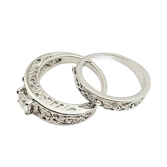 APIPEE 2pcs His and Hers Wedding Ring Sets Couples Engagement Rings Women and Men 925 Sterling Silver AAA Cubic Zirconia Palace Style Hollow Pattern Anniversary Gift Ring Set