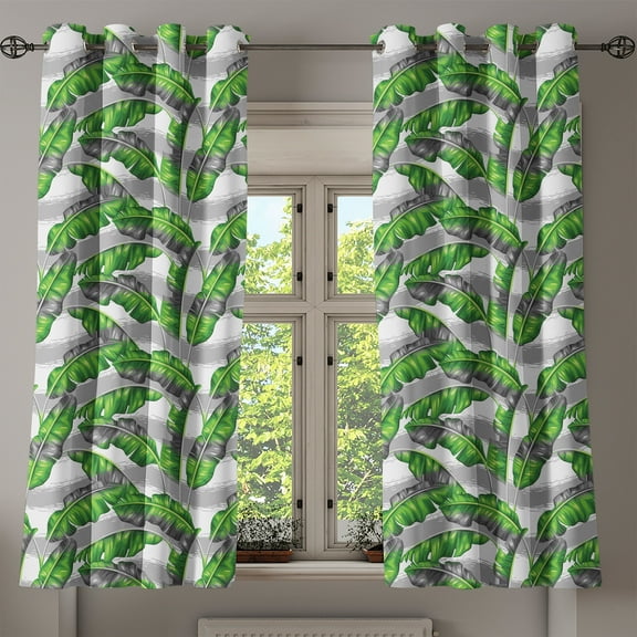 Ambesonne Boho Grommet Curtain, Banana Leaves Design, 50" x 54", Pale Grey Hunter Green