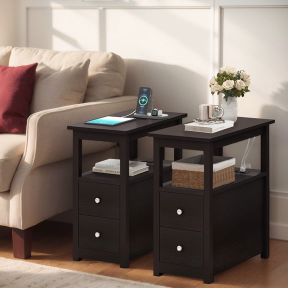 Jaxpety Set of 2 Narrow End Table with Charging Station Outlets USB Ports Side Table 2 Drawers and Open Storage for Living Room Bedroom, Espresso