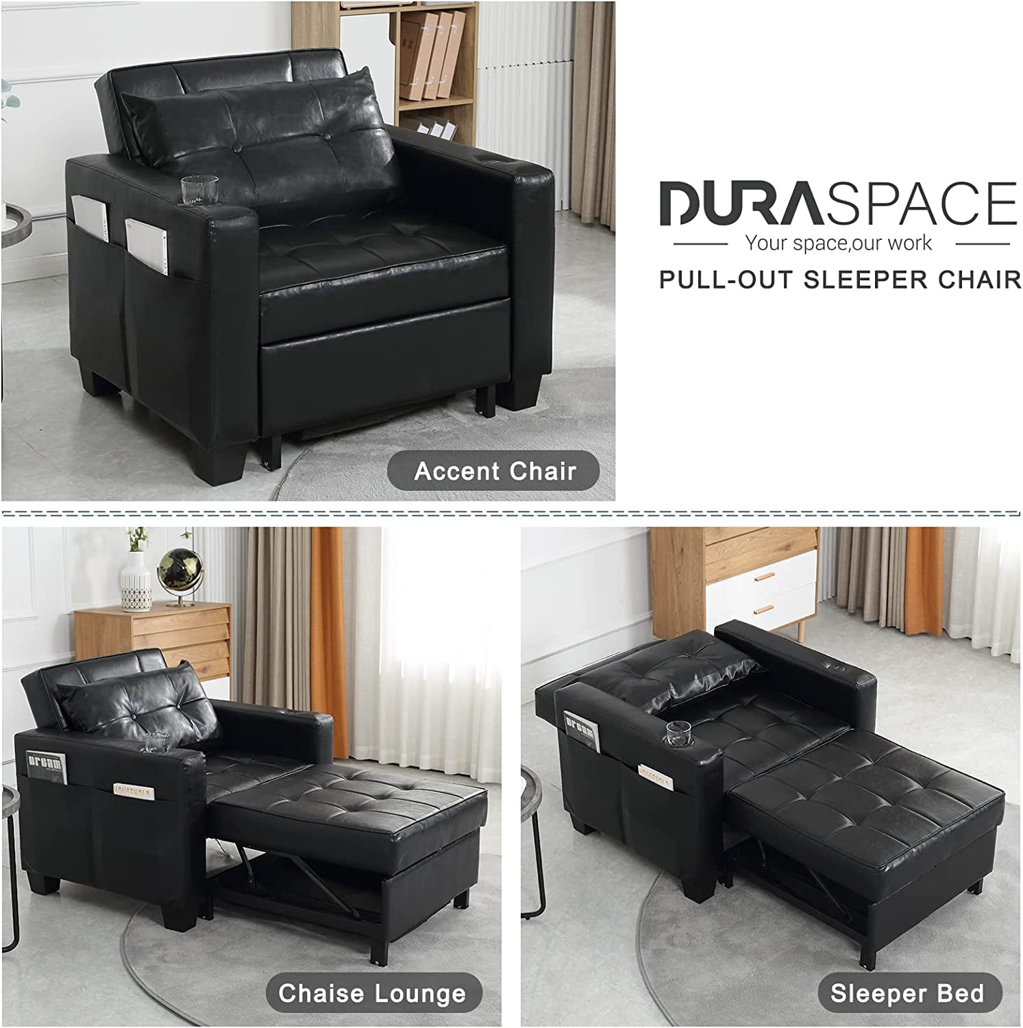 DURASPACE Sleeper Chair with USB Ports, Cup Holder, Side Pocket